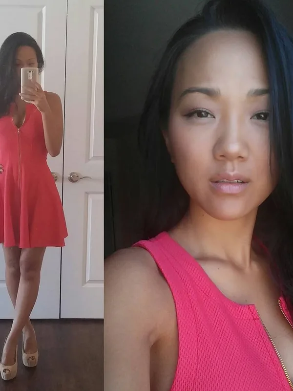 Photo composite : une femme en robe rose prend un selfie dans un miroir, et un gros plan de son visage et de son haut.